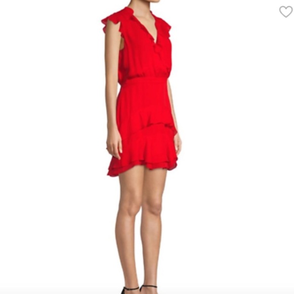 Parker Revolve Silk Dress Ruffles VNeck Red Romantic Wedding Guest Date Night 8 - Picture 3 of 13